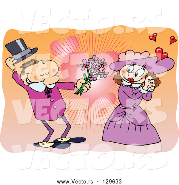 Vector of Romantic Victorian Couple in Love, the Guy Taking off His Hand and Giving Flowers to the Lady, over a Heart Background