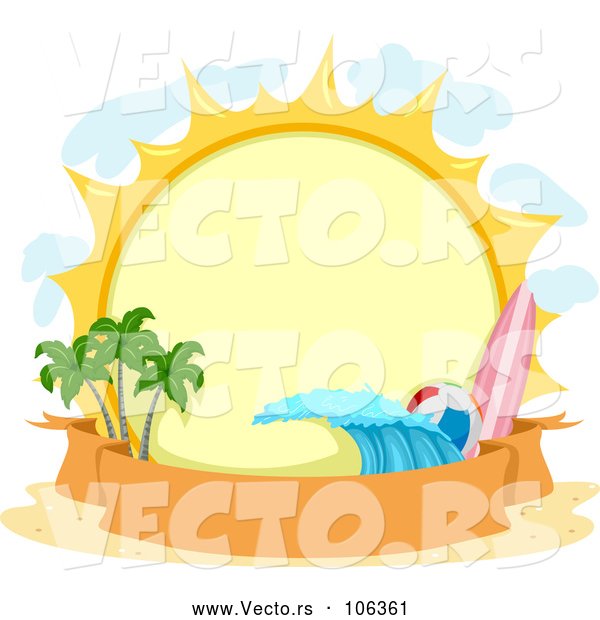 Vector of Round Summer Sun with a Surfboard, Beach Ball, Wave, and Palm Trees over a Banner