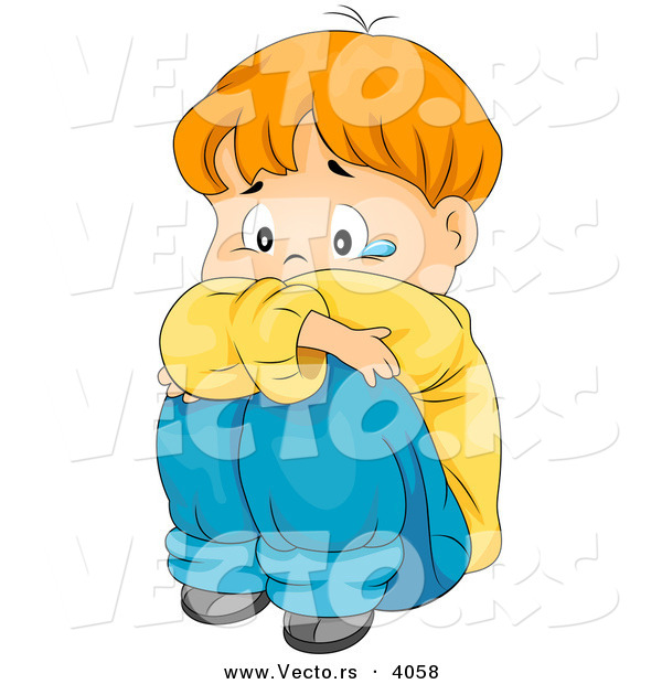 Vector of Sad Cartoon Boy Crying While Seated on Ground or Floor
