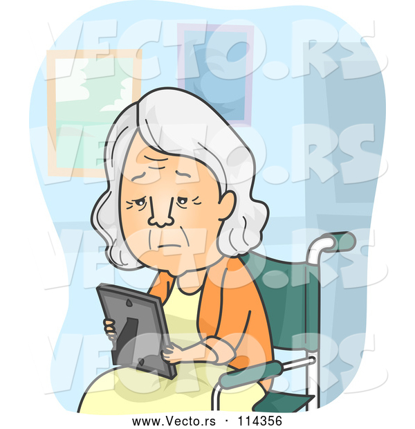 Vector of Sad Senior White Lady Looking at a Picture and Sitting in a Wheelchair in a Nursing Home