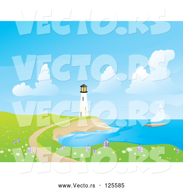 Vector of Sailboat near a White Lighthouse, with a Foot Path and Wildflowers