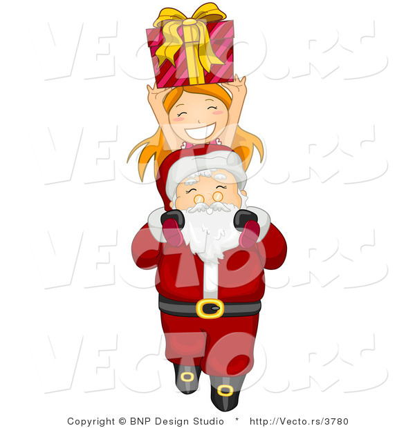 Vector of Santa Carrying a Happy Girl and Present over His Head
