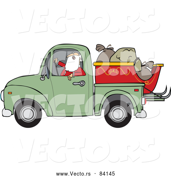 Vector of Santa Claus Driving Pickup with Sleigh