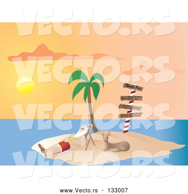 Vector of Santa Claus Vacationing and Relaxing on a Lounge Chair Beside Rudolph Under a Palm Tree on a Tropical Island at Sunset