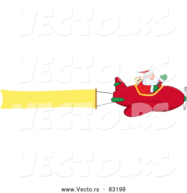 Vector of Santa Claus Waving While Flying Plane with a Blank Banner