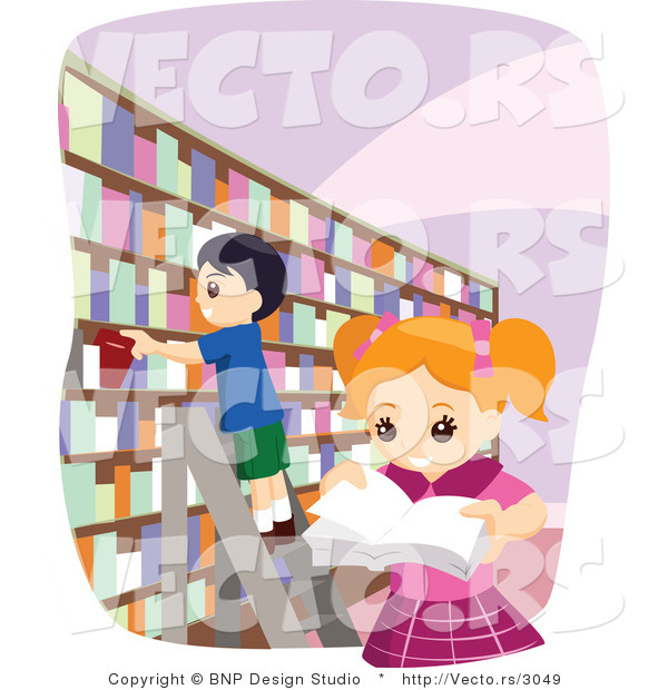 Vector of School Girl and Boy Looking at Books at a Library