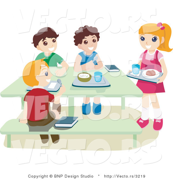 Vector of School Kids Eating Hot Lunch in a Cafeteria