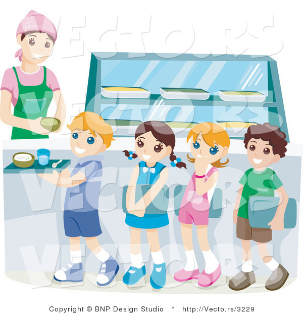 Vector of School Kids Waiting in Line for Lunch in a Cafeteria