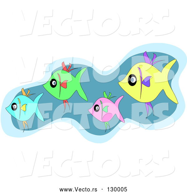 Vector of Schooling Group of Blue, Green, Pink and Yellow Fish Swimming
