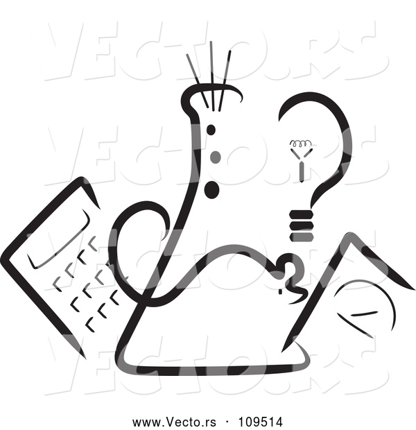 Vector of Science Beaker, Mouse, Light Bulb, Scale and Calculator - Black Lineart