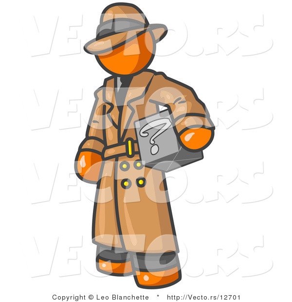 Vector of Secretive Orange Guy in a Trench Coat and Hat, Carrying a Box with a Question Mark on It