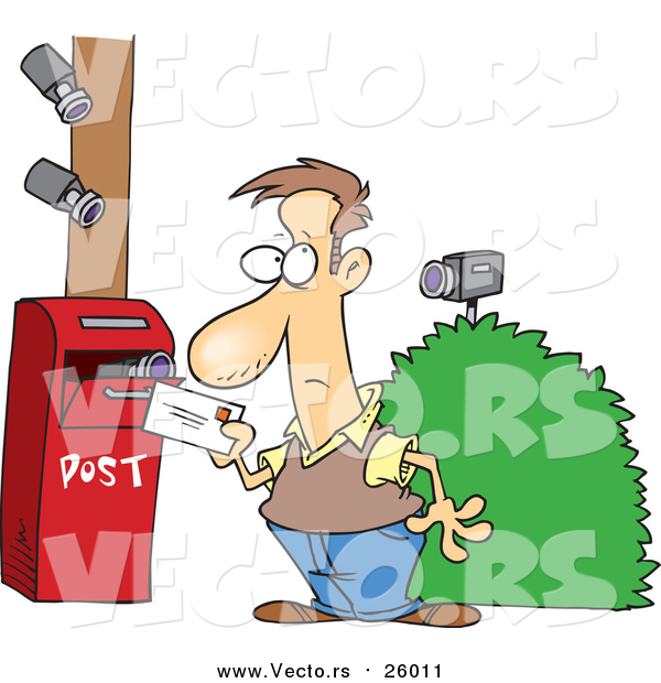 Vector of Security Cameras Focused on a Man Putting a Letter in a Mail Box