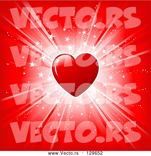 Vector of Shiny Red Heart over a Red Background with a Bright White Burst of Light and Stars