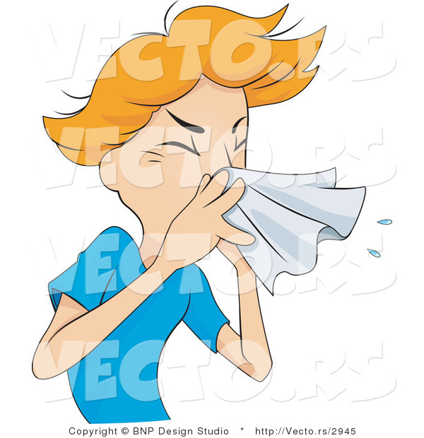 Vector of Sick Boy Sneezing into a Tissue