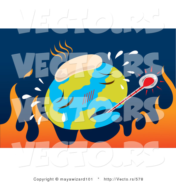 Vector of Sick Earth over Hot Flames - Environmental Warming Concept