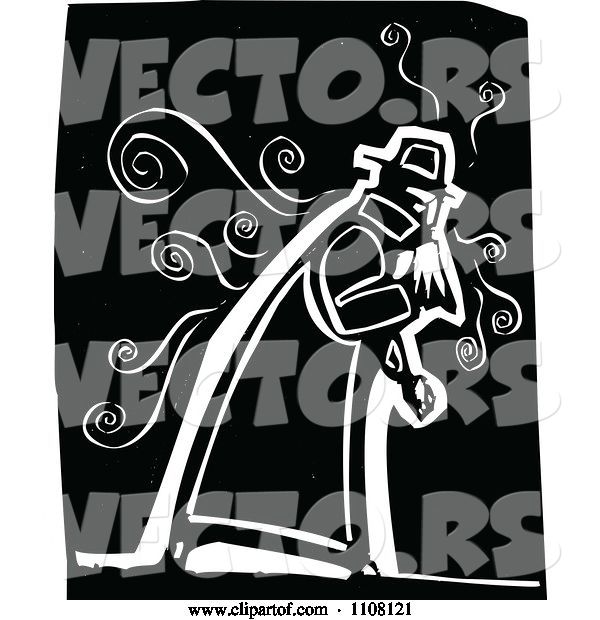 Vector of Sick Guy Coughing - Black and White Woodcut Style