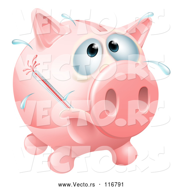 Vector of Sick Piggy Bank with a Fever and Bursting Thermometer