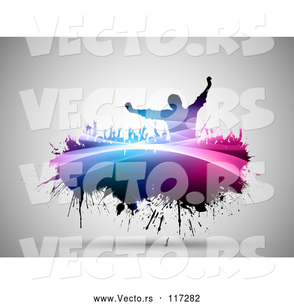 Vector of Silhouetted Crowd of Fans Cheering on Colorful Grunge over Gray
