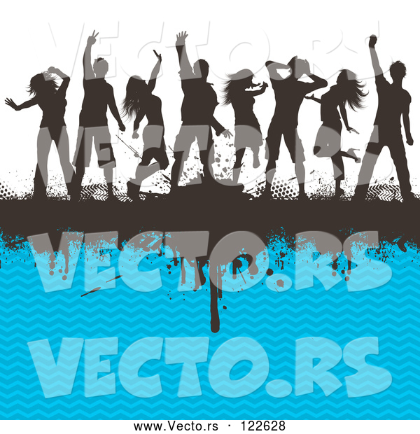 Vector of Silhouetted Dancers on a Black Grunge Bar and Blue Chevron Pattern