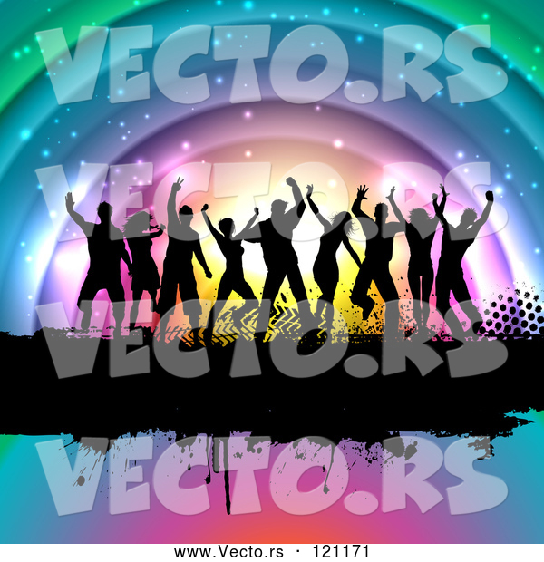 Vector of Silhouetted Dancers on a Grunge Bar over Colorful Arches