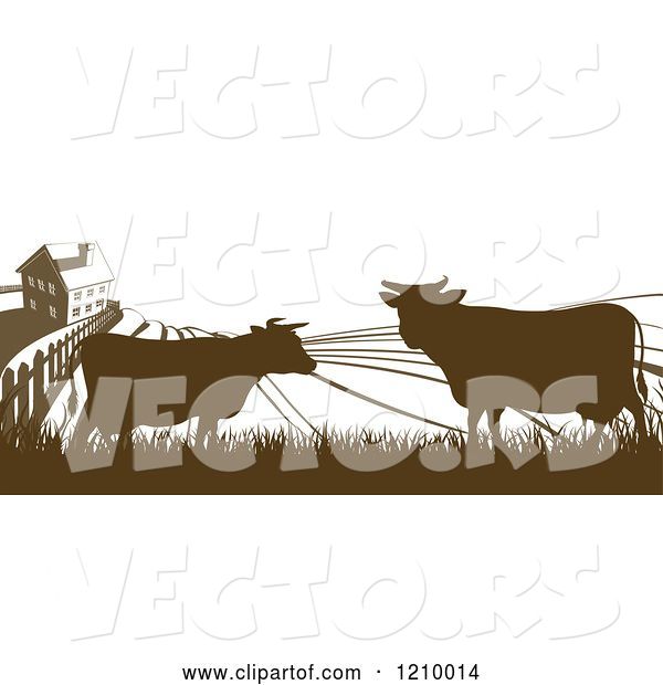 Vector of Silhouetted Farm House with Cows and Fields