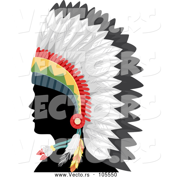 Vector of Silhouetted Native American Indian Guy in a Feather Headdress and in Profile