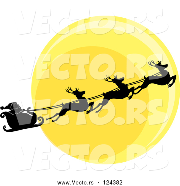 Vector of Silhouetted Santa Sleigh and Flying Reindeer Against the Christmas Eve Moon