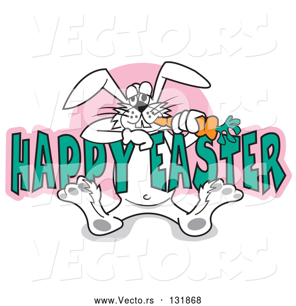Vector of Silly Cartoon White Easter Bunny Eating a Carrot While Hanging onto Text Reading Happy Easter