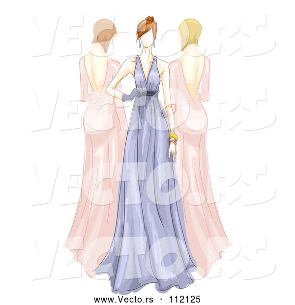 Vector of Sketched Female Models in Long Pink and Purple Gowns