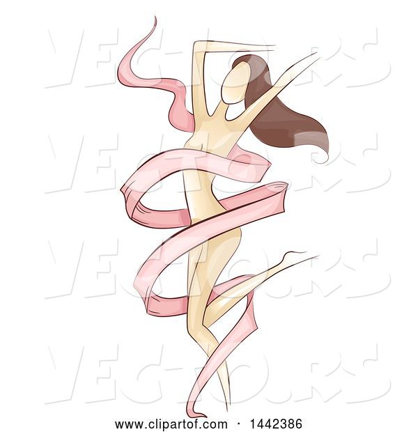 Vector of Sketched Nude Brunette White Lady Dancing with a Pink Ribbon
