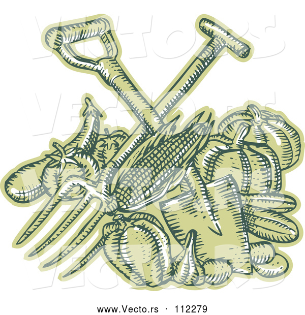 Vector of Sketched or Engraved Crossed Spade and Pitchfork over Green Harvest Produce
