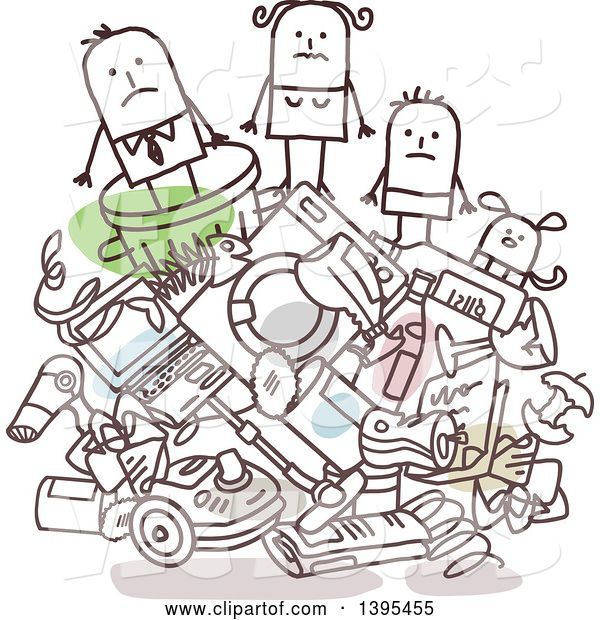 Vector of Sketched Stick Businessman and Family on a Pile of Trash