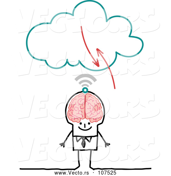 Vector of Sketched Stick Businessman with a Big Brain Connecting to the Cloud