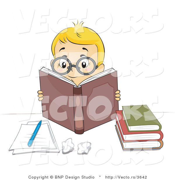 Vector of Smart Boy Wearing Glasses and Reading Books