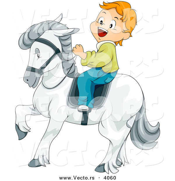 Vector of Smiling Cartoon Boy Riding a White Horse