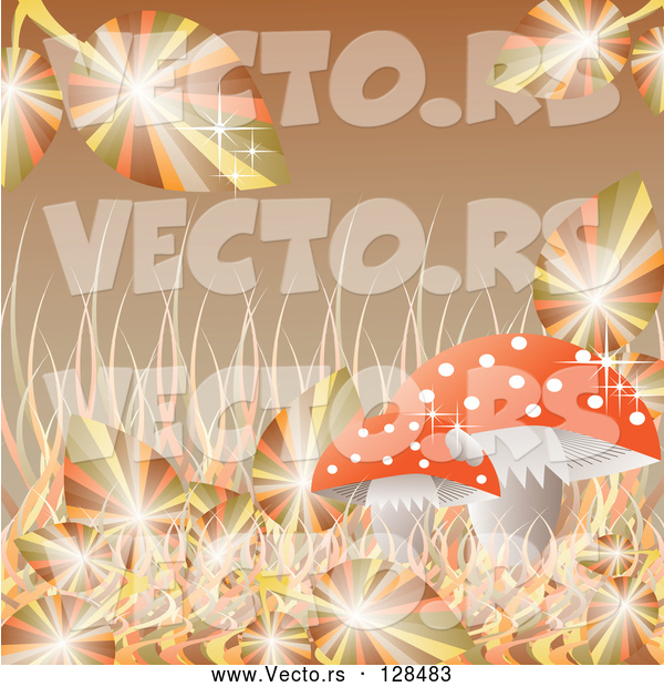 Vector of Sparkling Autumn Leaves and Grasses Around a Mushroom on Brown