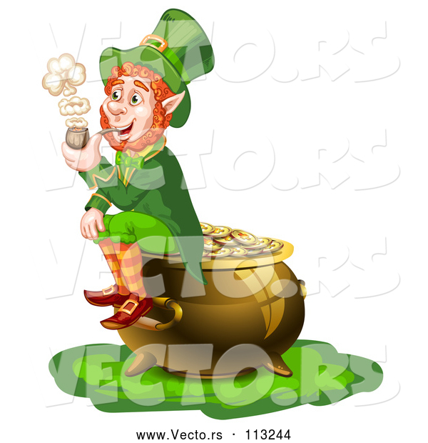 Vector of St Patricks Day Leprechaun Smoking a Pipe and Sitting on a Pot of Gold
