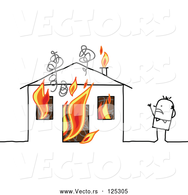 Vector of Stick Guy Standing near His Burning House