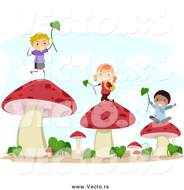 Vector of Stick Kids Playing with Leaves on Mushrooms