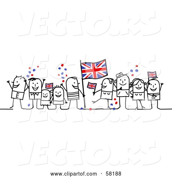 Vector of Stick People Character Crowd Celebrating with Union Jack Flags