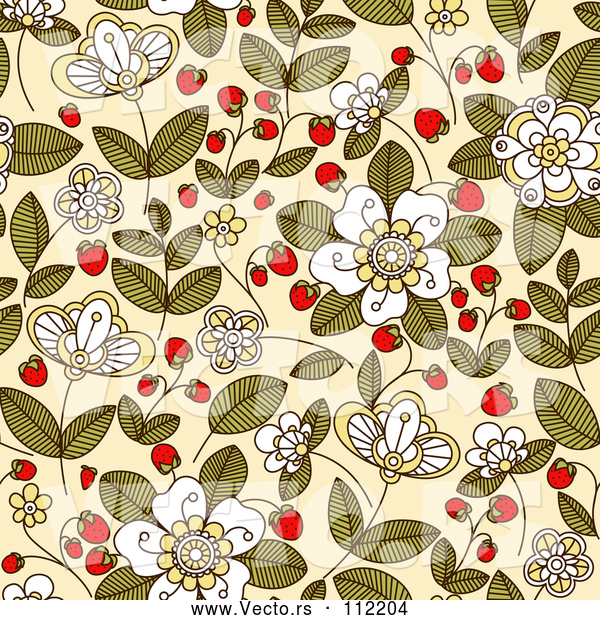 Vector of Strawberry Blossoms, Plants and Berries over Beige - Seamless Background Pattern