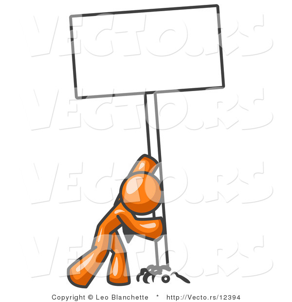 Vector of Strong Orange Guy Pushing a Blank Sign Upright