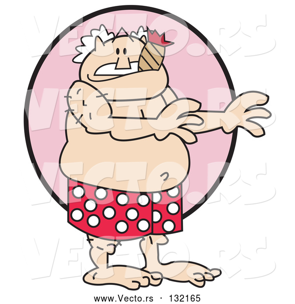 Vector of Surprised Old Guy in Red and White Polka Dot Boxers, Smoking a Cigar.