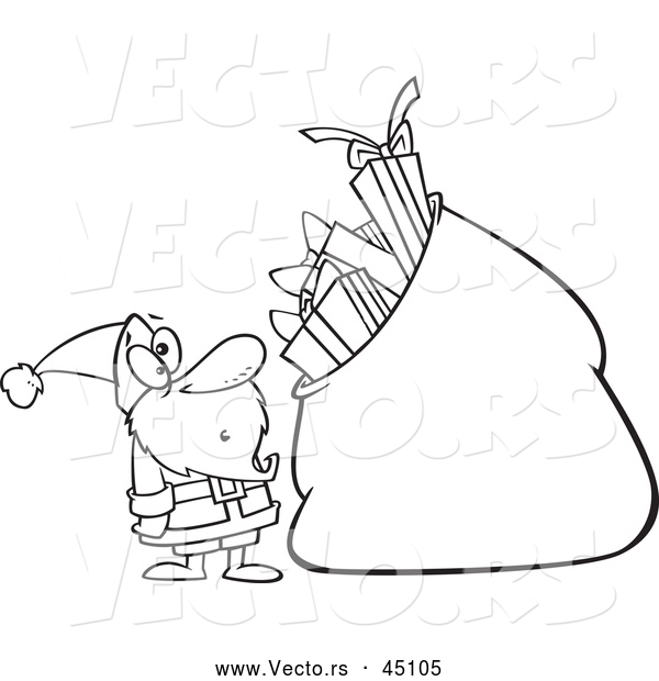 Vector of Surprised Santa Looking at Supersized Bag of Presents to Deliver - Outlined Version