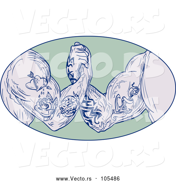 Vector of Tattooed Strong Arms Wrestling, in Drawing Sketch Style