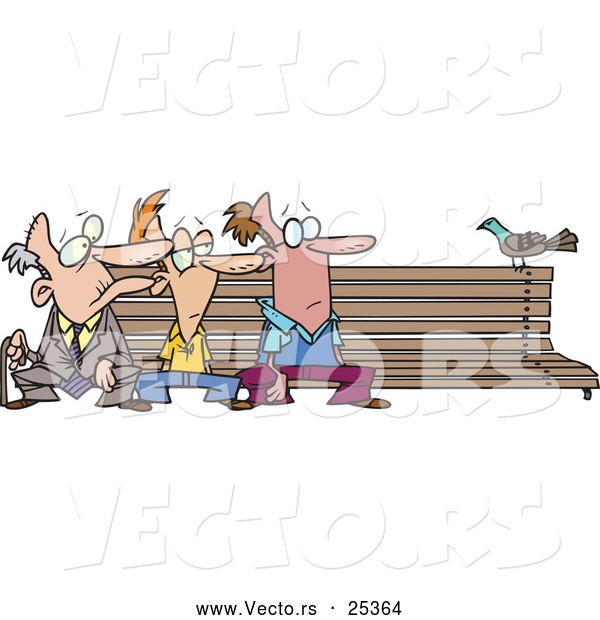 Vector of Three Bored Cartoon Men Watching a Pigeon While Seated and Waiting on a Bench