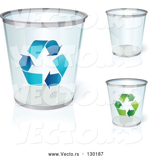 Vector of Three Clear Trash Cans, One with Blue Recycle Arrows, One with Green Recycle Arrows, over a White Background