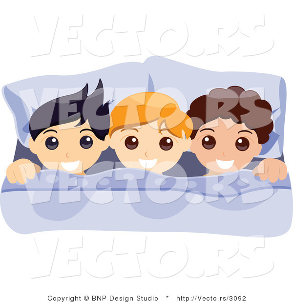Vector of Three Happy Boys Laying in Bed