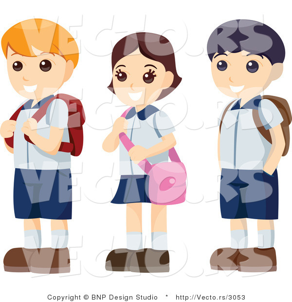Vector of Three Happy School Kids with Backpacks, Standing in a Single File Line