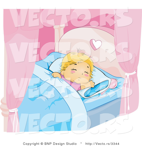 Vector of Tired Baby Girl Sleeping in a Canopy Bed